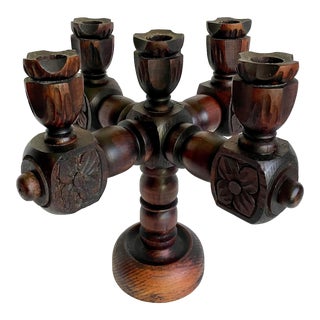 Rustic Spanish Carved Wood 5 Candle Candelabra For Sale