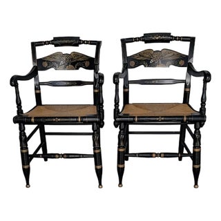 Pair of Antique Hitchcock-Style Black and Gold Eagle Armchairs With Rush Seat For Sale