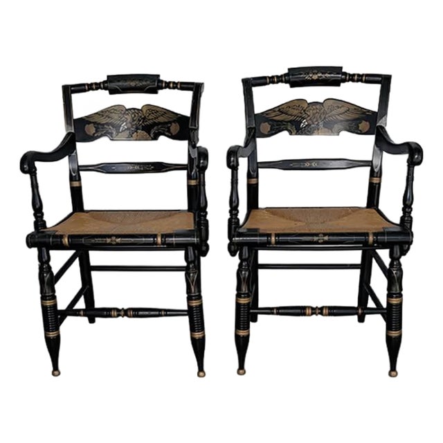 Pair of Antique Hitchcock-Style Black and Gold Eagle Armchairs With Rush Seat For Sale