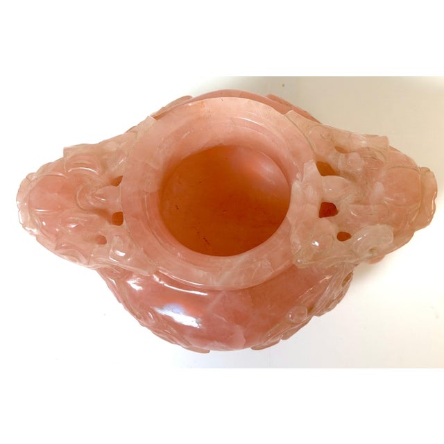 Pink 20th C. Chinese Carved Rose Quartz Archaistic Censer with Guardian Lion Finial For Sale - Image 8 of 18