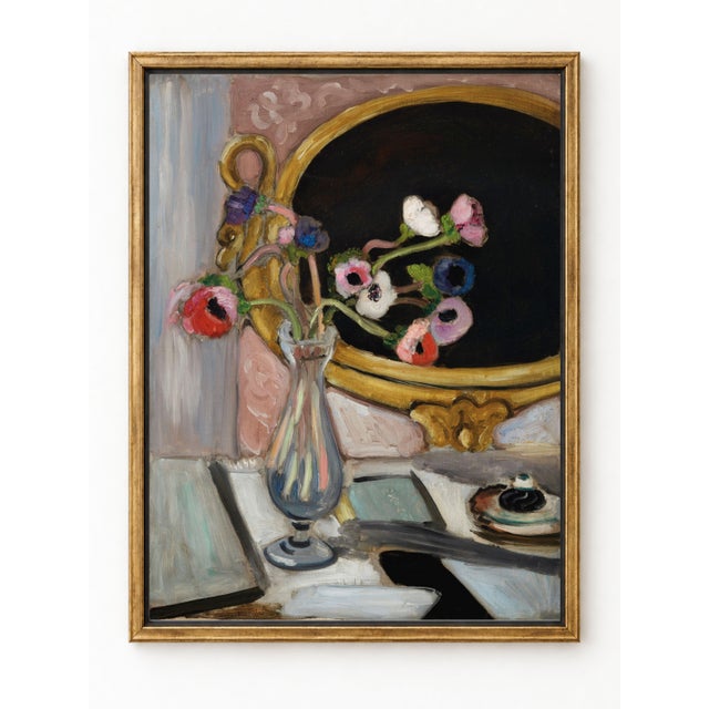This French floral still life art print reproduces Henri Matisse’s Anémones au miroir noir (1919), featuring delicately...