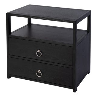 Lark 28 in. W Rectangular Wood 2 Drawer Wide Nightstand with Open Shelf, Washed Black For Sale