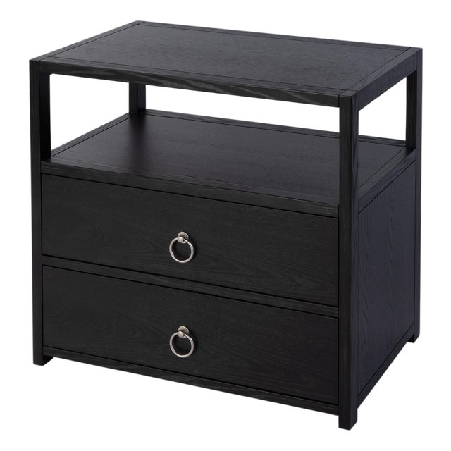 Lark 28 in. W Rectangular Wood 2 Drawer Wide Nightstand with Open Shelf, Washed Black For Sale