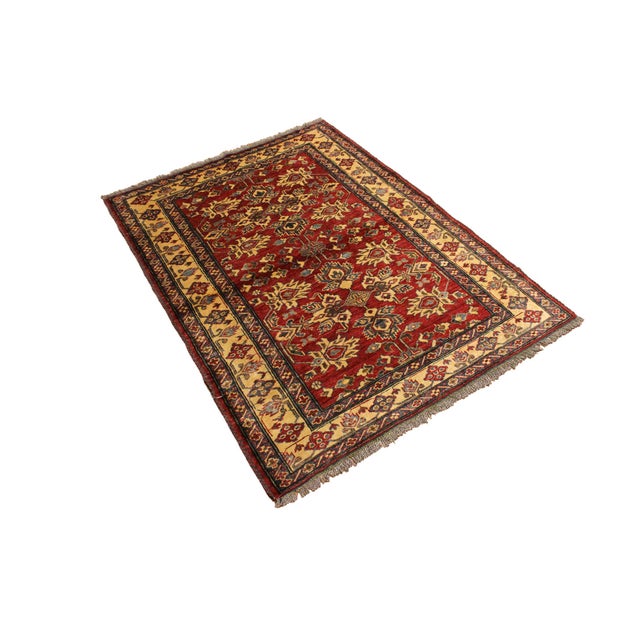 Rustic Boho Chic Super Kazak Red/Gold Wool Rug - 4'1'' X 5'5'' For Sale - Image 3 of 10