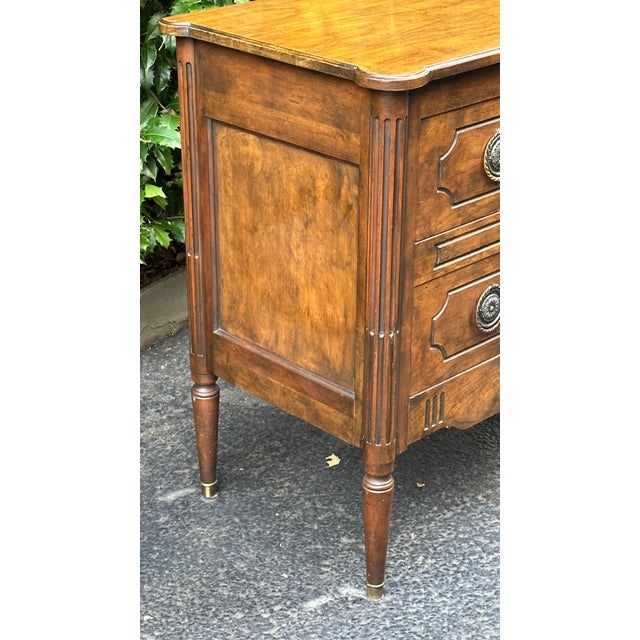1960s Vintage Baker French Louis XVI Style Console Chest | Flamed Walnut 2-Drawer Commode With Bronze Mounts & Brass Sabots For Sale - Image 5 of 12