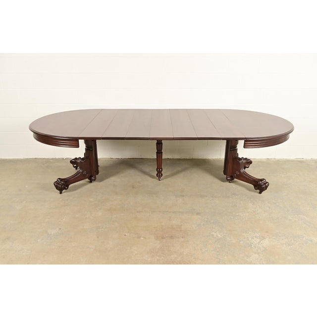 Wood R. J. Horner Antique Victorian Carved Mahogany Split Pedestal Extension Dining Table With Lion Paw Feet, Newly Refinished For Sale - Image 7 of 12
