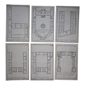 Antique 18th C. Architectural Floor Plans & Facades - Imperial Folio Copperplate Engravings - Set of 6
