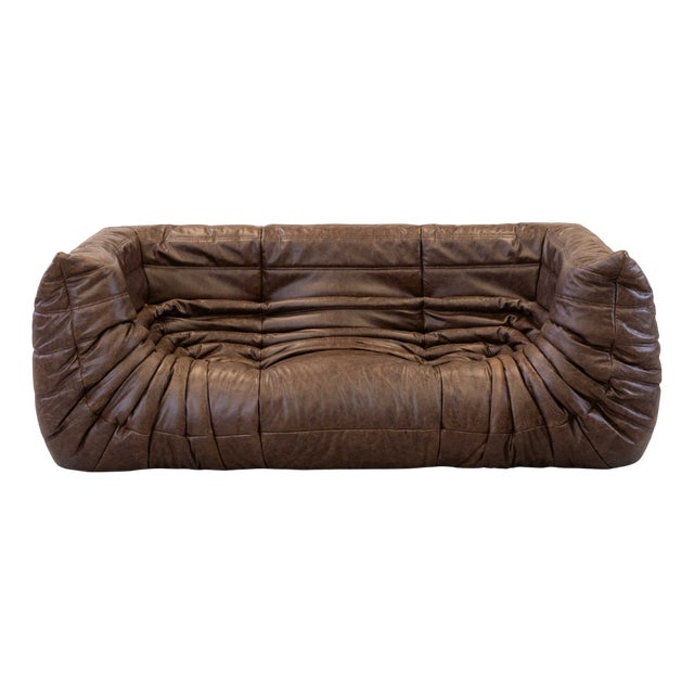 Vintage Two-Seater Togo Sofa with Arms in Brown Leather by Michel Ducaroy for Ligne Roset, 1970s For Sale