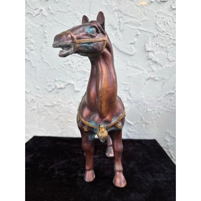 Vintage Pair of Patinated Bronze Horse Sculptures With Gilt Accents For Sale - Image 10 of 12