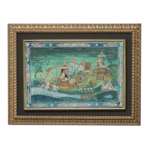 Thai Watercolor on Paper Genre Scene with Figures, Elephant & Horses 20thC