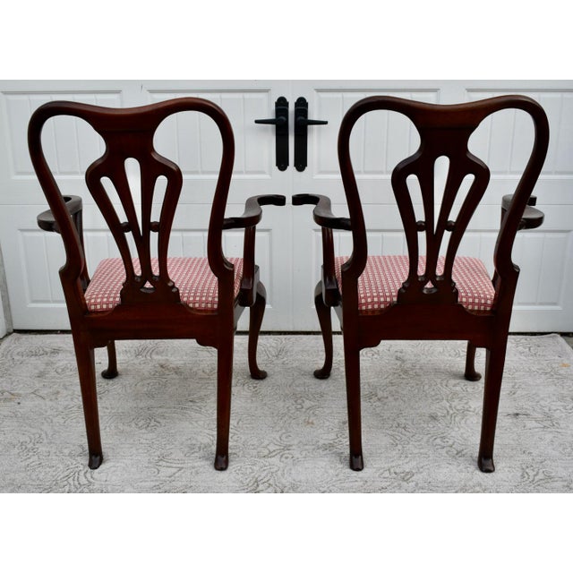 Wood Antique Mahogany Chairs Queen Anne Style Burl Wood Armchairs Pair For Sale - Image 7 of 13