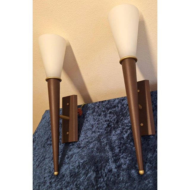 Vintage Wall Lamps with Brown Metal Frame and Opaque White Glass Shade from Wofi-Leuchten, Set of 2 For Sale - Image 6 of 9