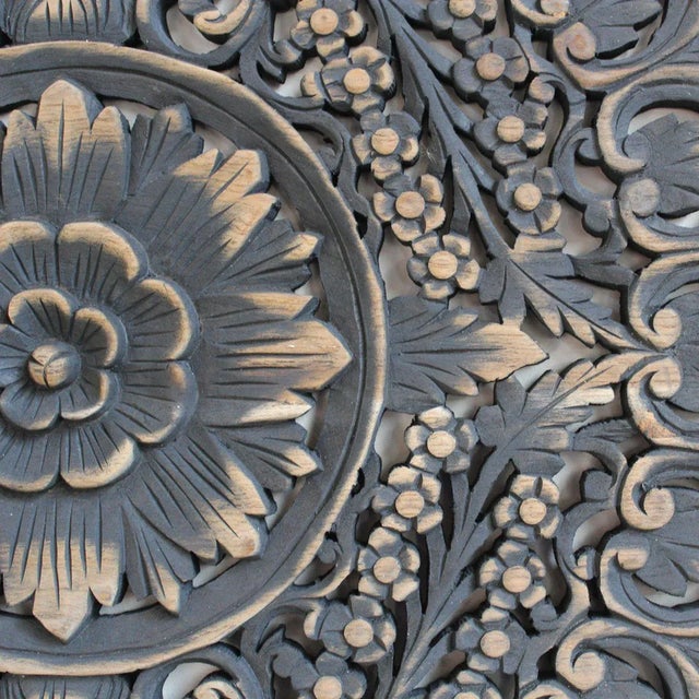 Hand carved teak round medallion wall art panel with traditional intricate floral designs antique burn finish from Myanmar...