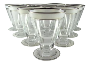 1930s Art Deco Platinum and Frosted Band Footed Conical Glass Tumblers - Set of 10