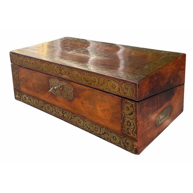 Antique Regency Brass Inlaid Lap Desk Box For Sale - Image 4 of 5