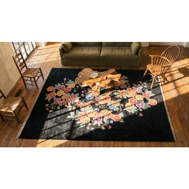 Beautiful Multicolored Rose Centerpiece in a Black Ground Color Chinese Art Deco Rug by Nichols Workshop For Sale In New York - Image 6 of 8