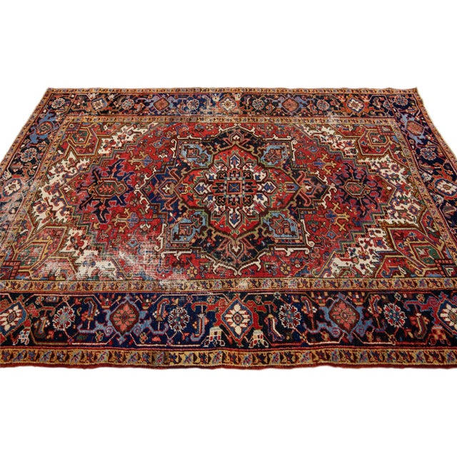 1920s Antique Persian Heriz Red Handmade Medallion Motif Wool Rug For Sale - Image 5 of 11