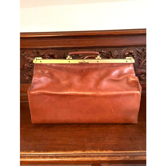 Vintage Leather Weekender Doctor's Style Bag With Brass Frame - Made Exclusively for Mercedes Benz For Sale - Image 4 of 8