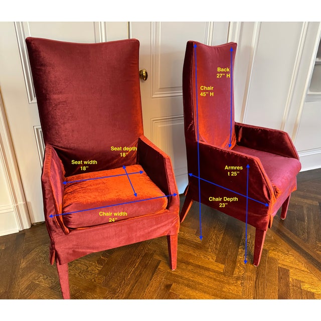 A pair of Luxury custom-made designer chairs featuring rich red velvet. This exquisite piece combines elegance and comfort...