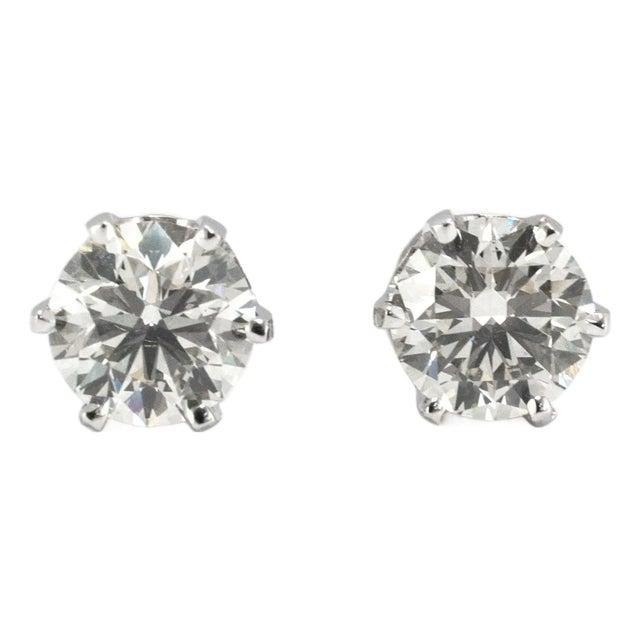 14k White Gold 6 Prong Screw Back 2.60 Ct Round Diamond Stud Earrings, A Pair For Sale