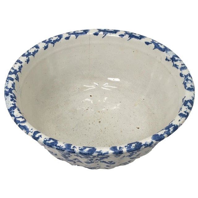 Large 11 1/2 Inch Size Antique American Blue Spongeware Decorated Stoneware Kitchen Mixing Bowl For Sale In Boston - Image 6 of 13