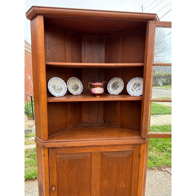 Mid 19th Century Antique French Country Pine Corner Cabinet With Original Blown Glass Panes For Sale - Image 5 of 11