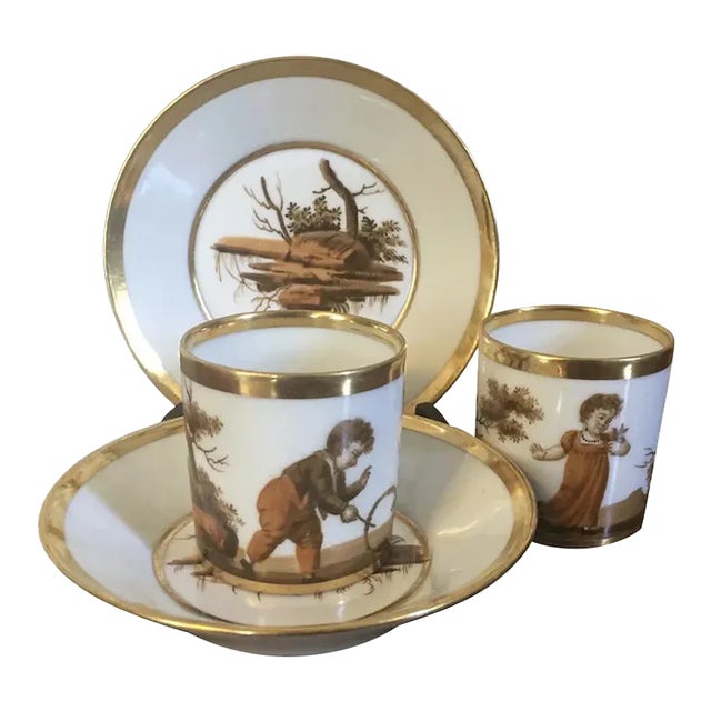 Antique Circa 1805 French Empire Porcelain Coffee Cans & Saucers by La Courtille - 4 Pieces For Sale