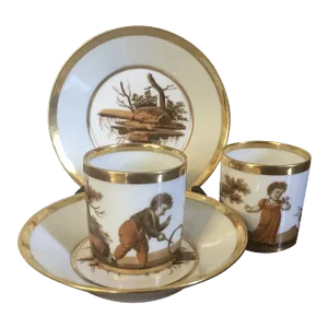 Antique Circa 1805 French Empire Porcelain Coffee Cans & Saucers by La Courtille - 4 Pieces