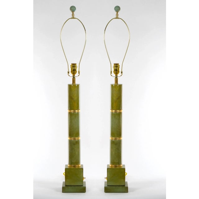 Art Deco 20th Century Tall Pair Green Jade Art Deco Style Table Lamp For Sale - Image 3 of 13