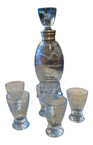 1930s Art Deco Silver and Engraved Blue Glass Italian Liquor Set
