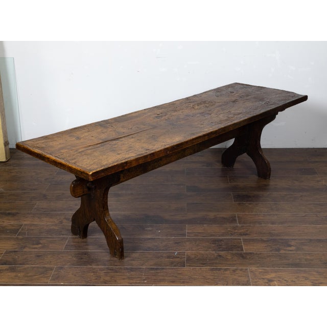 Italian 1800s Walnut Farm Table with Carved Legs, Stretcher and Weathered Patina For Sale - Image 11 of 12