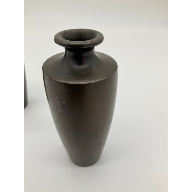 Vintage Japanese Silver Inlaid Bamboo Design Bronze Vase Set of 2 Meiji Period For Sale - Image 10 of 17