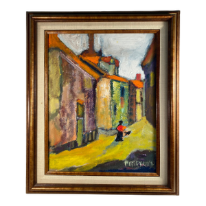 Late 20th Century Vintage Painting, France, Provence Scene, Woman and Cat, Jane Bradford, Framed