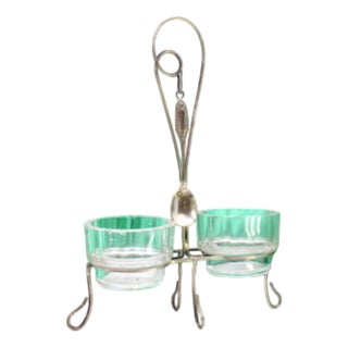 Glass Salt and Pepper Shakers with Silver Frame and Spoon, Set of 4 For Sale