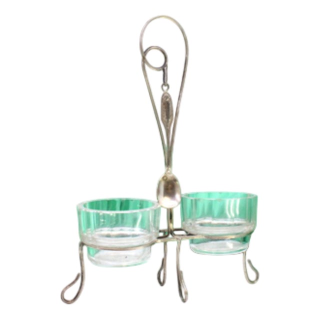 Glass Salt and Pepper Shakers with Silver Frame and Spoon, Set of 4 For Sale