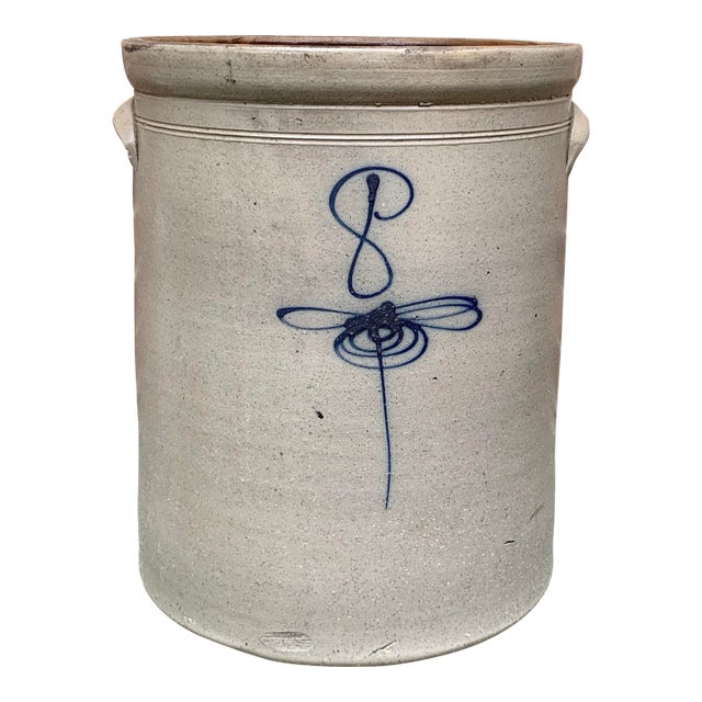 Large 19th Century American Salt Glaze Stoneware Crock With Cobalt Bee Sting Decoration For Sale