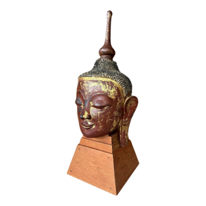 Antique Burmese Lacquer and Gilt Buddha Head Sculpture