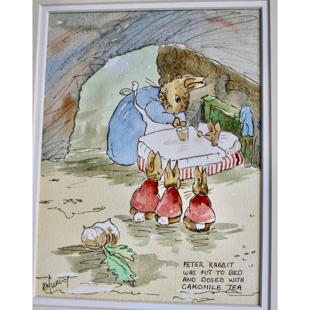 Peter Rabbit Takes Camomile Tea for Bed Original Watercolor by Anne Murray is unframed, matted 10 in x 12 in, with artwork...