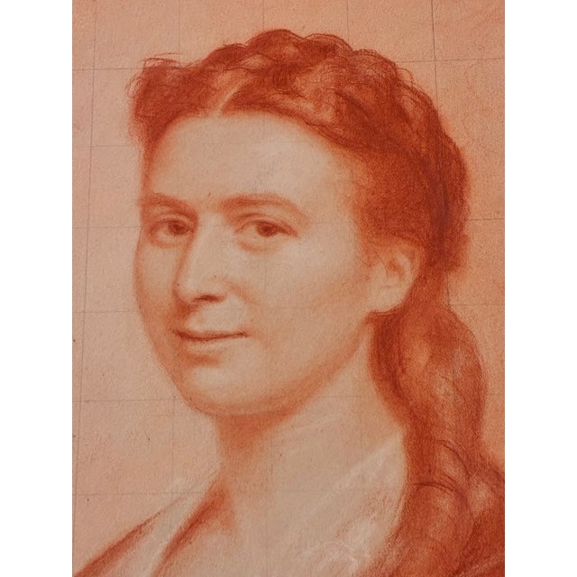 19th Century Hand Drawn Original Sanguine Portrait of a Young Woman - Signed For Sale - Image 4 of 13