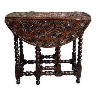 Petite Antique English Drop Leaf Side Sofa Table Carved Oak Round Top C1920 For Sale