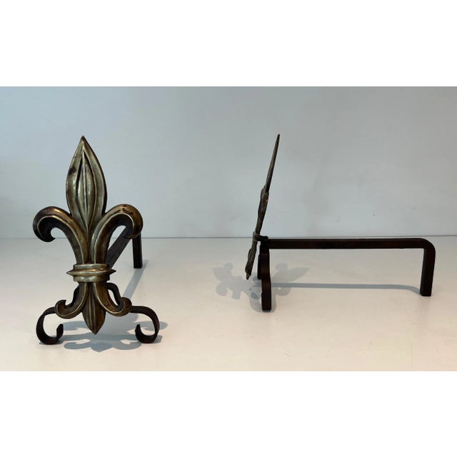 1940s Bronze and Wrought Iron Andirons With a Fleur-de-lys - a Pair For Sale - Image 9 of 12
