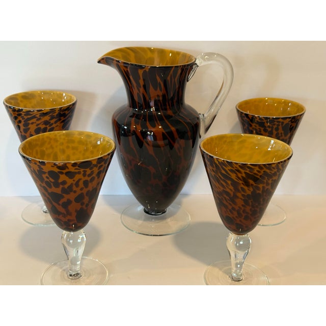 Vintage Handcrafted Art Heavy Glass Murano Style Leopard Pitcher With 4 Goblets For Sale - Image 10 of 12