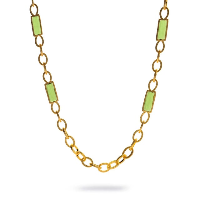Versatile Glow Green Cat Eye Gold Long Necklace For Sale - Image 9 of 9