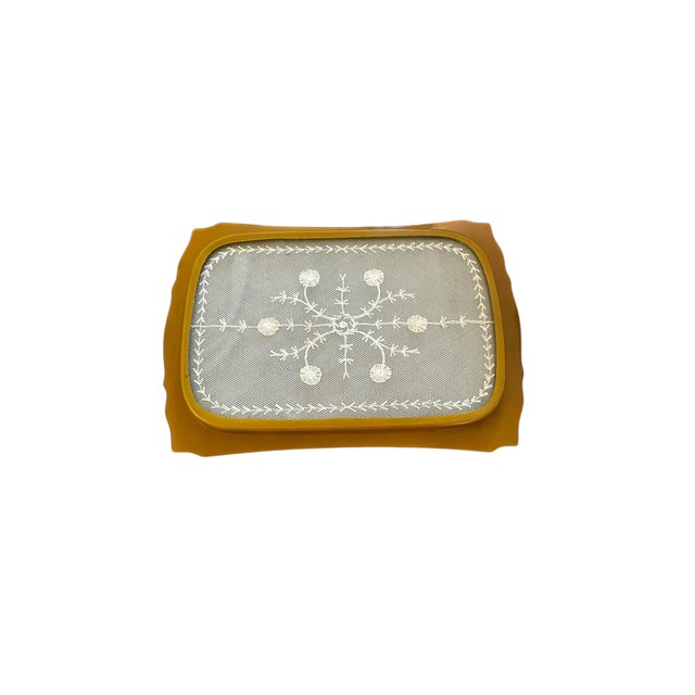 1930s Vintage Art Deco Yellow Luster Celluloid Glass Vanity Dresser Tray Lace Inset For Sale - Image 5 of 7