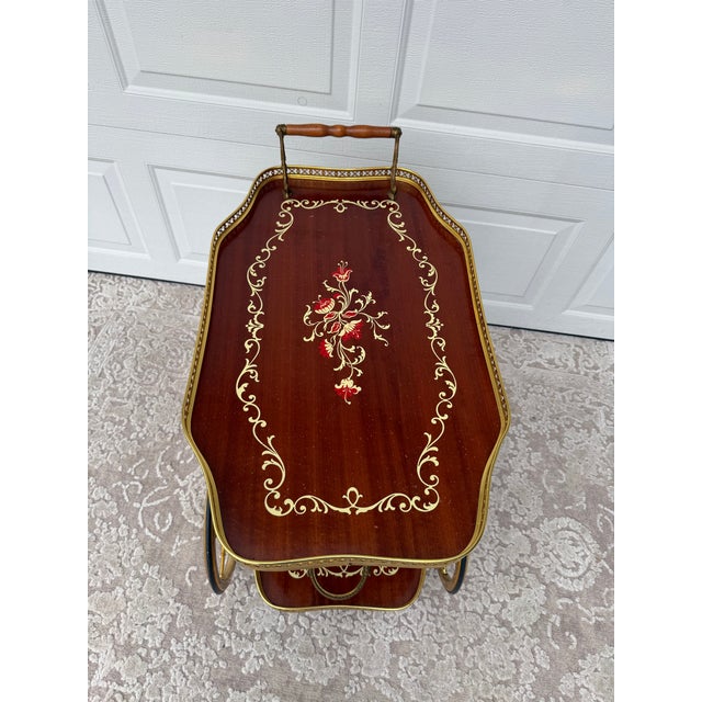 Wood Mid-Century Traditional Wood and Brass Tea Cart With Floral Detail For Sale - Image 7 of 14