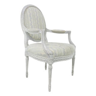 Vintage Louis XVI Light Blue Grey Armchair With Hand Carved Details For Sale