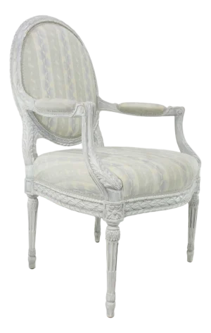 Vintage Louis XVI Light Blue Grey Armchair With Hand Carved Details