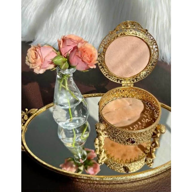 Three Footed Cherub Round StyleBuilt Style Vintage Design Jewelry Casket/ Box With Pink Plush on the Top and Inside & Burgundy Red Stones Decoration For Sale - Image 11 of 11