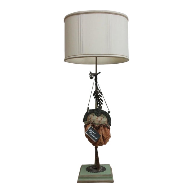 1990s John Richard French Beaded Victorian Hanging Purse Italian Regency Table Lamp W/ Shade For Sale