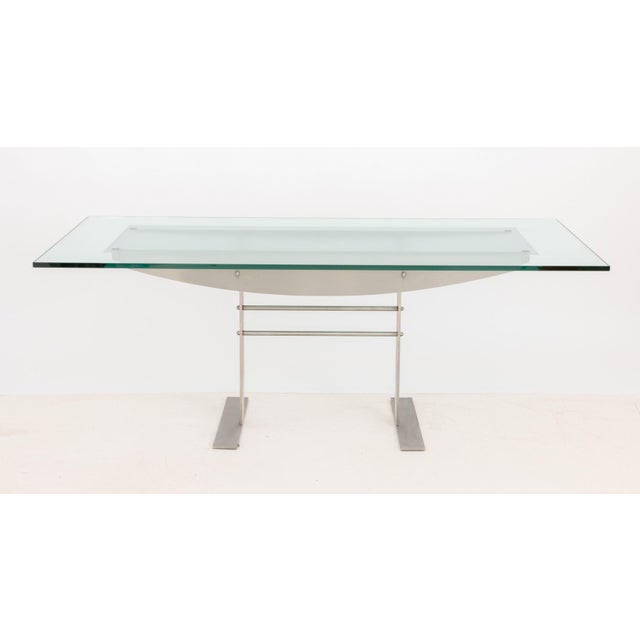 Contemporary Glass Top Dining Table, with frosted rectangular center to glass top on brushed aluminum base. 29.5" H x 78"...